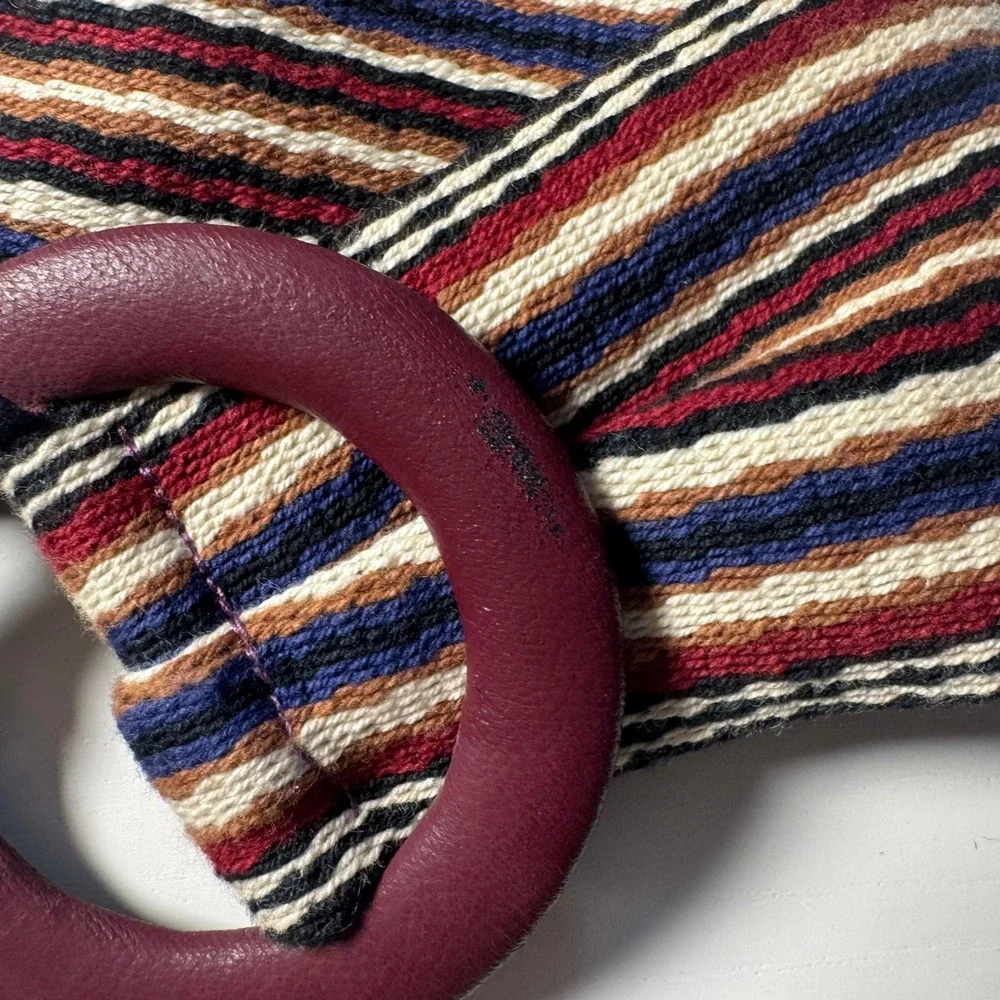 Vtg Woven Striped Belt Burgundy Leather Round Buckle Wide Dopamine chic elegant